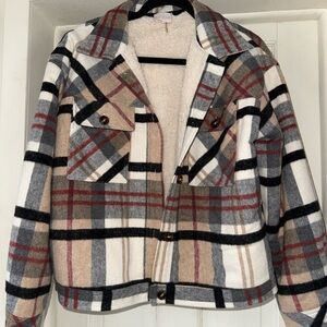 Entro Plaid Teddy Jacket - Black, White, Tan, Red